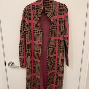 Brown and Pink Houndstooth Long Sweater Coat